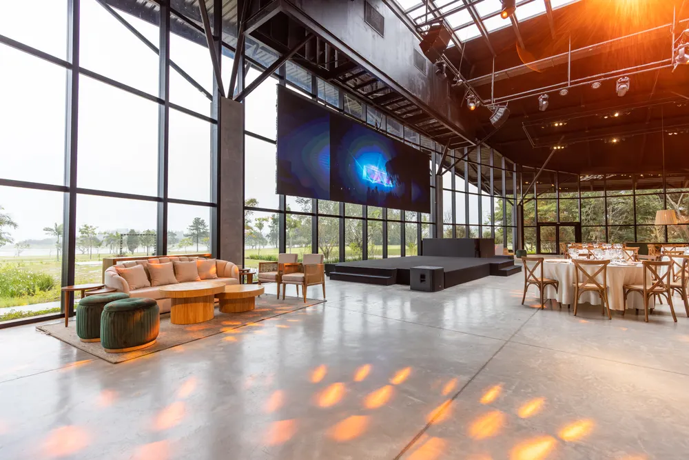 Modern event hall prepared for corporate gathering